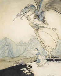 an illustration of a woman and a dragon flying over a mountain