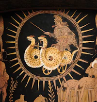 an ancient greek painting of a man riding a snake on a chariot