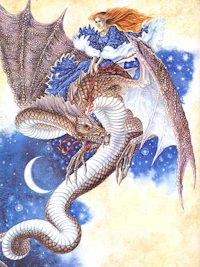 an illustration of a girl riding a dragon