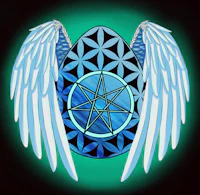 an egg with wings and a pentagram on it