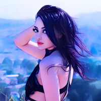 a woman with long black hair posing in front of a mountain