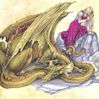 a girl sits on a rock next to a dragon