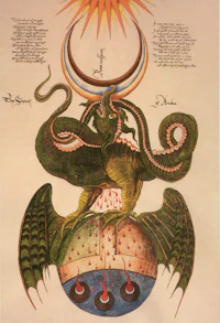 a drawing of a dragon with a sun on it
