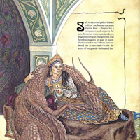 an illustration of a woman with a dragon on her lap