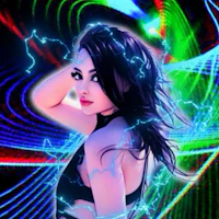 a woman posing in front of a colorful background