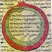 an ancient greek manuscript with a red and green dragon