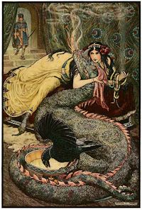 an illustration of a woman laying on a bed with a snake