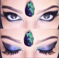 two pictures of a woman with green and blue eye makeup