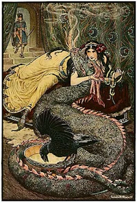 an illustration of a woman sleeping on a bed with a dragon
