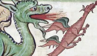a painting of two dragons fighting each other